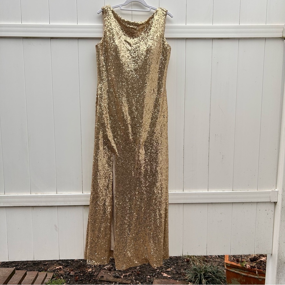 Christina Wu Gold Sequin Maxi Formal Cocktail Black Tie Gown Dress | Size 16